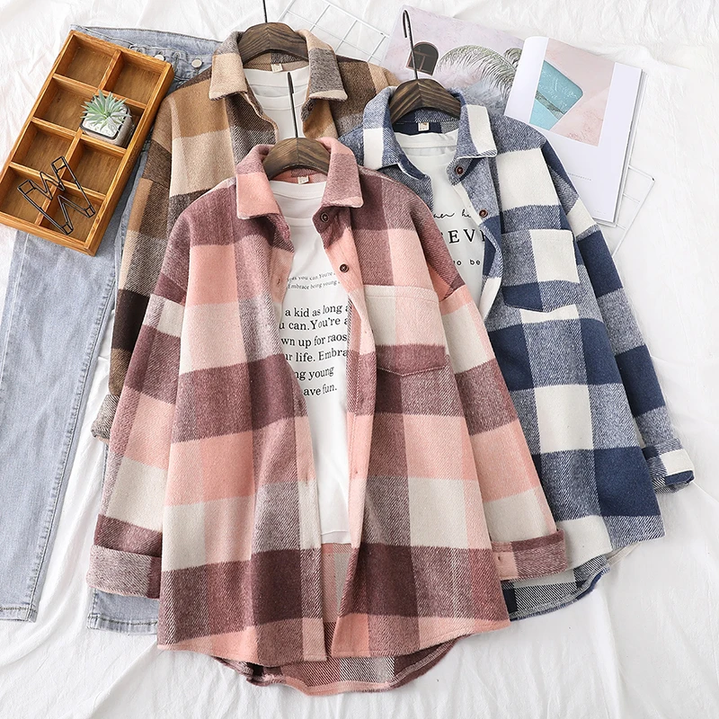 

Plaid Jacket Women Coat 2024 Autumn Winter Vintage Stylish Pockets Oversized Jacket Coat Casual Warm Chic Tops