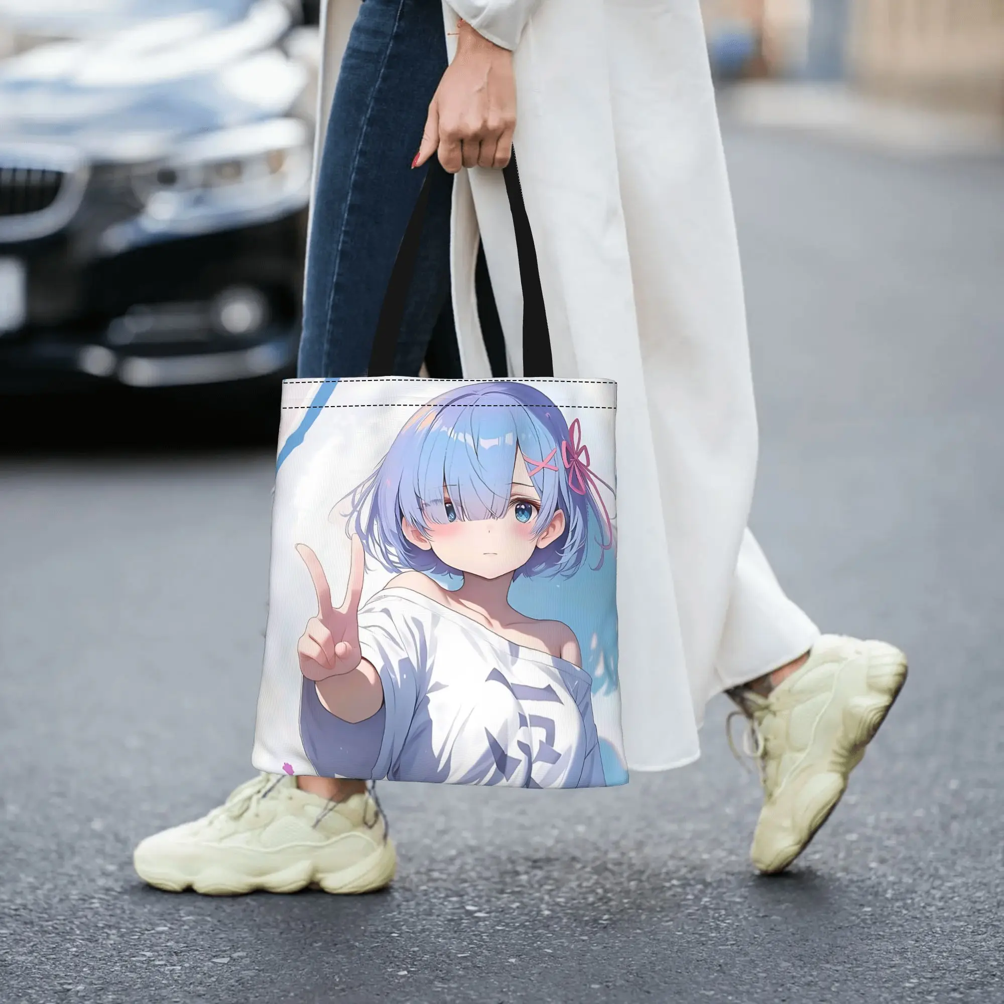 Customized Cute Re ZERO Anime Rem Women's Bag Shopping Bag Reusable Double Sided Canvas Tote Bag Shoulder  Handbag Its bags