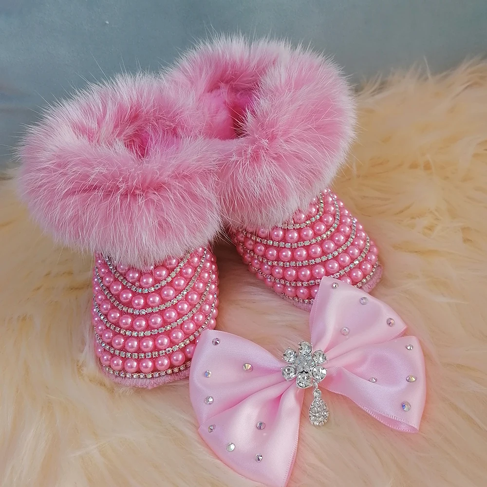 Handmade Bow Hairband Rhinestones Baby Girl Snow Boots Winter Shoes Comb First Walker Sparkle Bling Crystal Princess Shower Gift