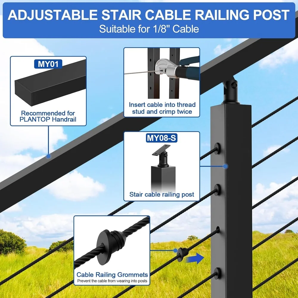 Stainless Steel Adjustable Stair Cable Railing Post Kit 35 Inch Durable DIY Cable Railing System 3 Pack with Fittings