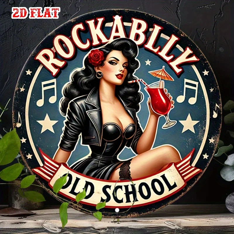 2D Flat, 1pc Vintage Rockabilly Metal Wall Decor - Retro Pin-Up Girl with Rockabilly Old School Design - Teal & Red Color Scheme