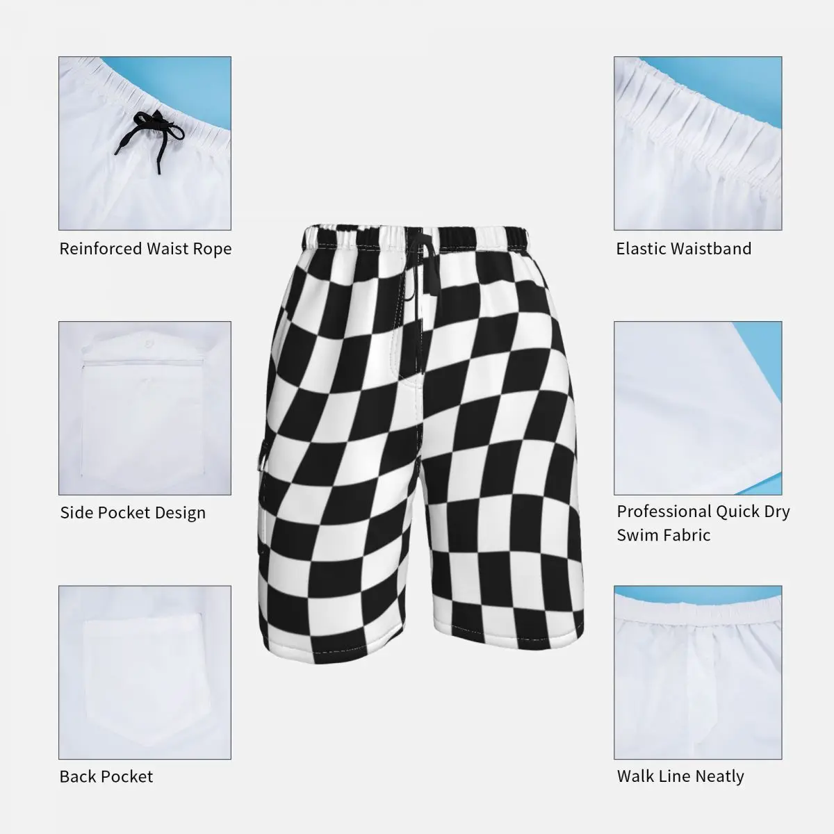 Abstract Checkerboard Board Shorts Black and White Checker Men Classic Board Short Pants Hot Sale Printing Plus Size Swim Trunks