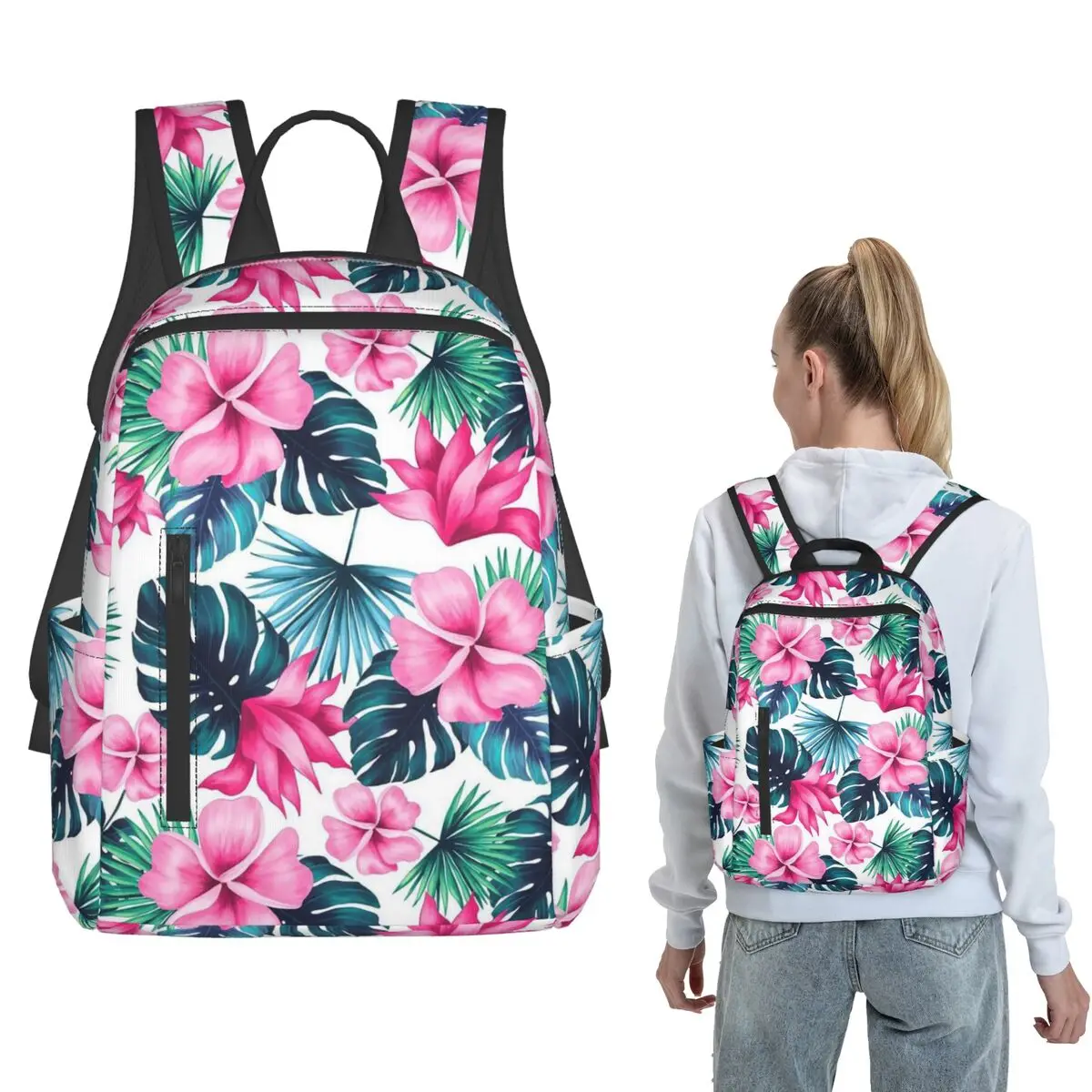 Tropical Hibiscus And Palm Leaf Backpack Large Capacity Children BookBag School Bag Shoulder Bags for Men Women