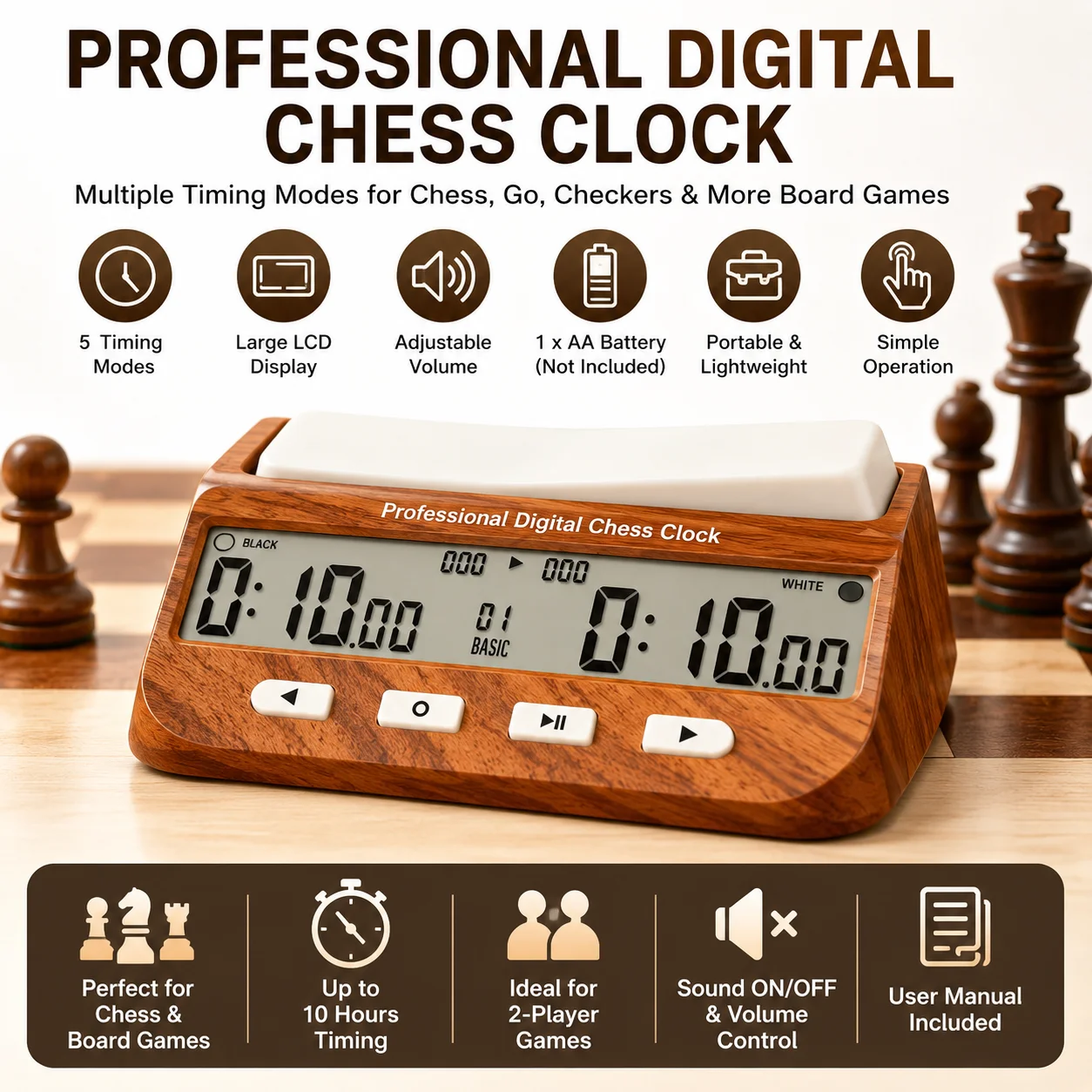 Reloj de Ajedrez Digital con Pantalla LCD Grande, Temporizador Electrónico para Ajedrez, Go, Damas, Juegos de Mesa, Torneos, Portátil