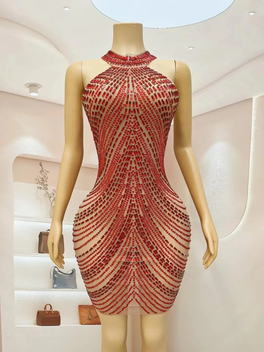 Rhinestone vermelho Gogo Dance Dress para mulheres, Gogo Dance Clothing, vestido de festa curto brilhante elegante, traje sexy para boate, Hongsixian