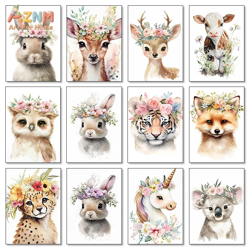 AZNM Watercolor Floral Crown Animal Canvas Print Rabbit Deer Cow Owl Tiger Fox Unicorn Koala Pastel Woodland Kids Nursery Bedroo