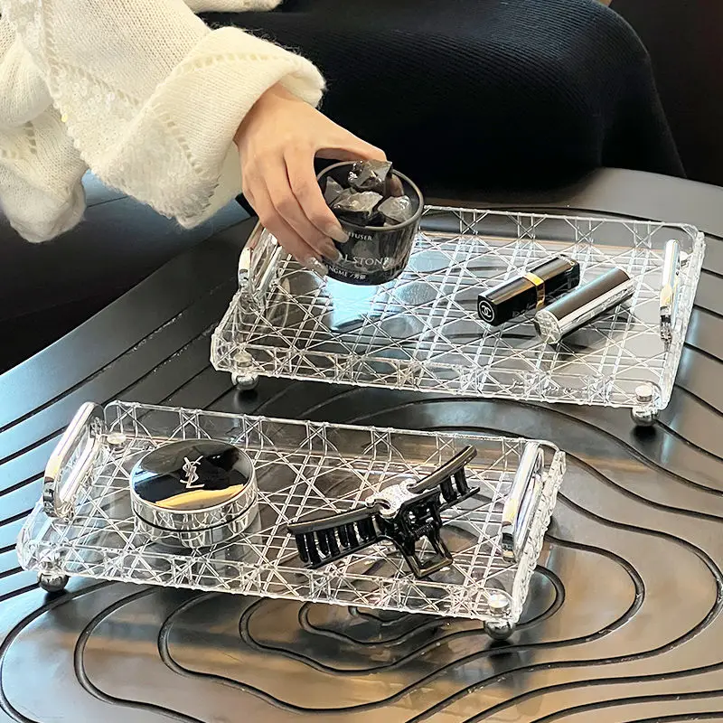 Light Luxury Acrylic Rectangular Tray Plaid Makeup Brush Jewelry Storage Home Living Room Water Cup Trays Desktop Decoration