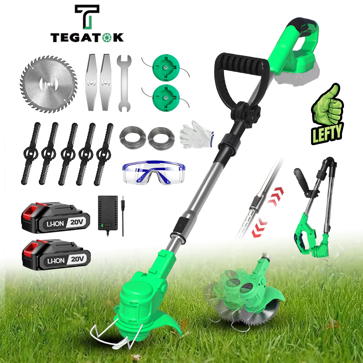 Tegatok Weed Wacker 20V battery powered, 4-in-1 household cordless electric weed killer, 2 2.0AH lithium-ion batteries.