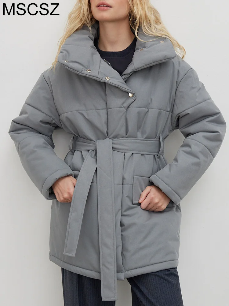 Winter Warm Parkas Woman Stand Collar Quilted Oversized Jacket Thick Cotton Padded Long Coat With Belt