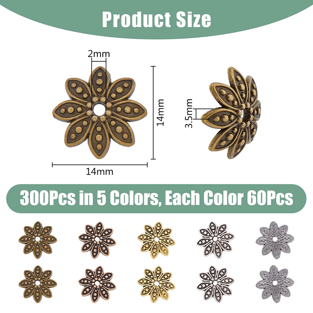 300Pcs 5 Colors Spacer Bead Caps Alloy Flower Bead Caps Style End Bead Caps Multi-Petal Flower Loose Beads Jewelry Accessories
