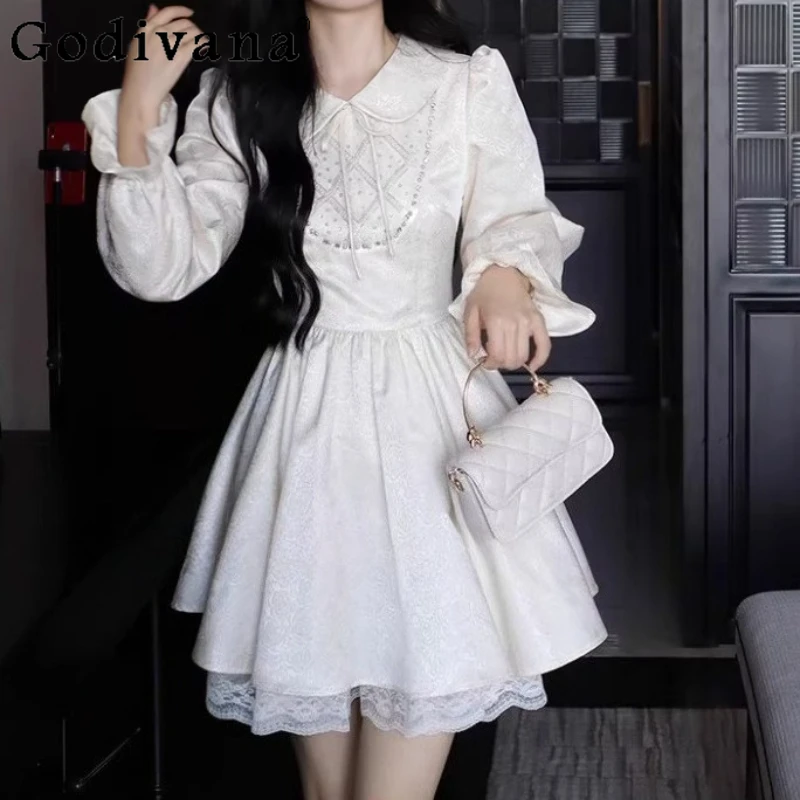 Lente Herfst Zoete Peter Pan Kraag Lange Mouw Prinses Jurk Mode Veelzijdige Leeftijdsverlagende Japanse Nep Tweedelige Jurken