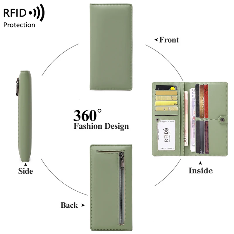RFID Blocking Ultra-Thin Wallet for Women, Multi-Card Check Credit Card Bag, Multi-functional Zipper Buckle, Long Fashion wallet