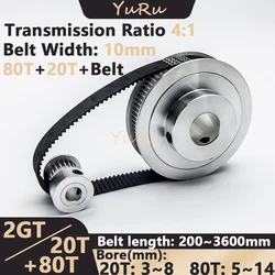 2GT 2M 20 80Teeth GT2 20T 80T Timing Pulley Belt Set Bore 3~14mm Belt Width 10mm Tensioning Wheel Synchronous Pulley Belt Kit