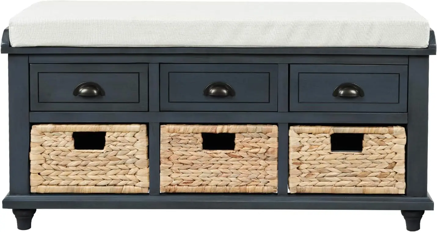 Wood Storage Bench 3 Drawers, 3 Rattan Baskets, Removable Cushion, Antique Navy