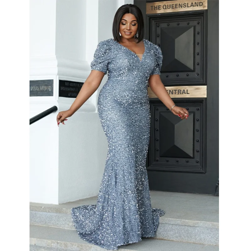 Plus Size V Neck Glitter Gray Dress 4XL 5XL Elegant Prom gown XL Summer Sequin Bow Mermaid Maxi Evening Dresses