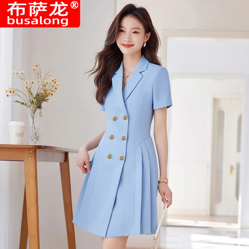 

Синий костюм, платье для женщин2025, новинка лета, элитная мода, элегантный облегающий нишевый костюм с короткими рукавами, профессиональная официальная одежда