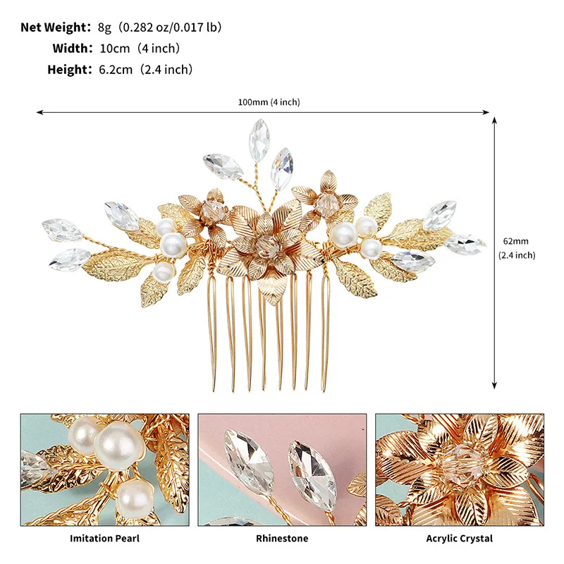 Metal Gold Leaf Flower Hair Combs Elegant Pearl Rhinestone Bridal Hair Accessories Wedding Bridal Hair Jewelry Diademas