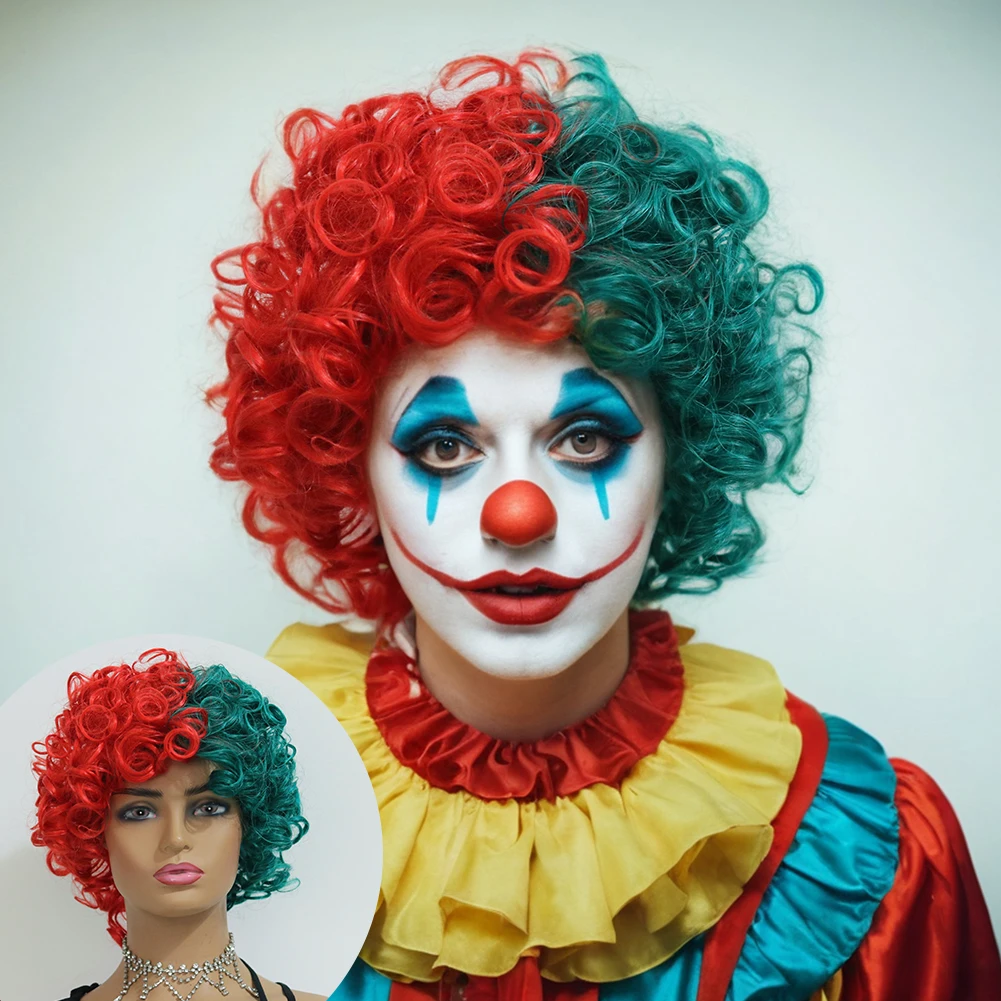 باروكات الهالوماس المهرج، شعر صناعي قصير منفوش ومجعد أحمر وأخضر للنساء للحفلات التنكرية #1