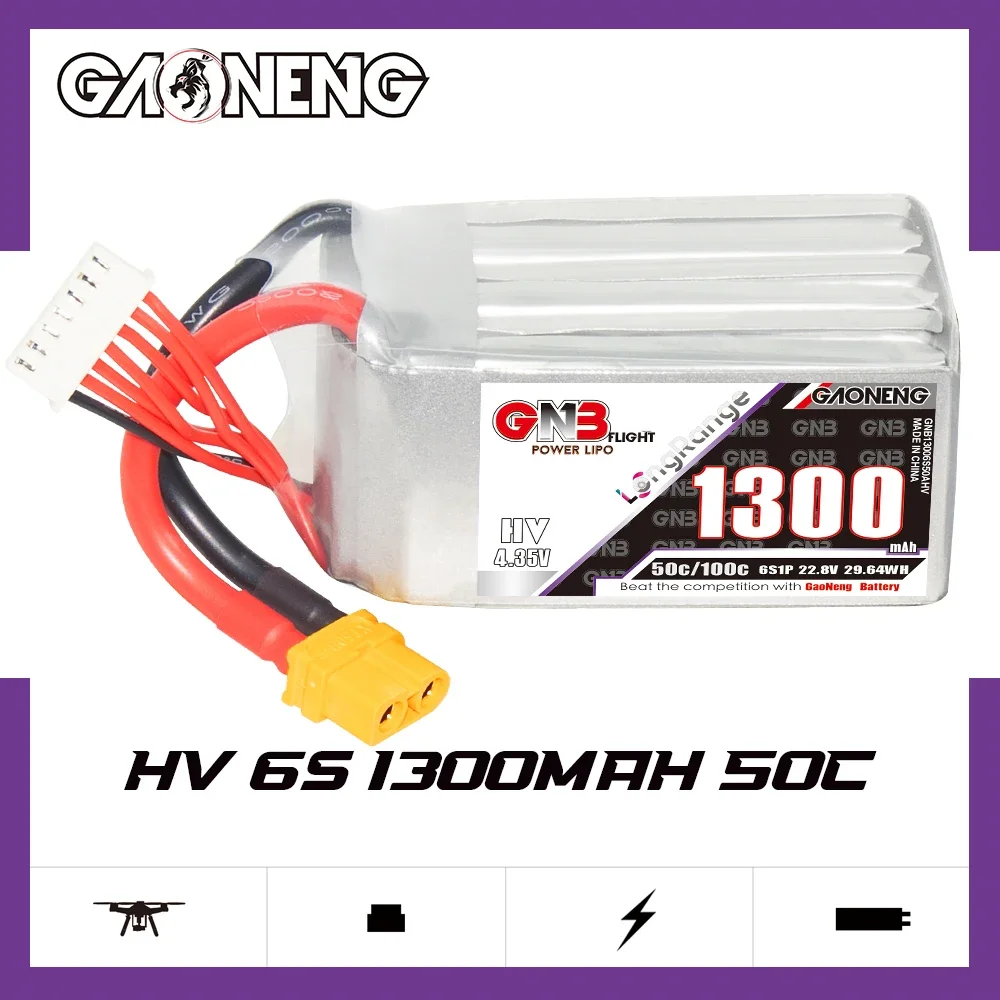 

GAONENG GNB 1300mAh HV 6S 50C 100C 22.8V XT60 LiPo Battery Long Range 5 to 6 inch Drone 180-330mm Brushless FPV Evoque F5D/F5X