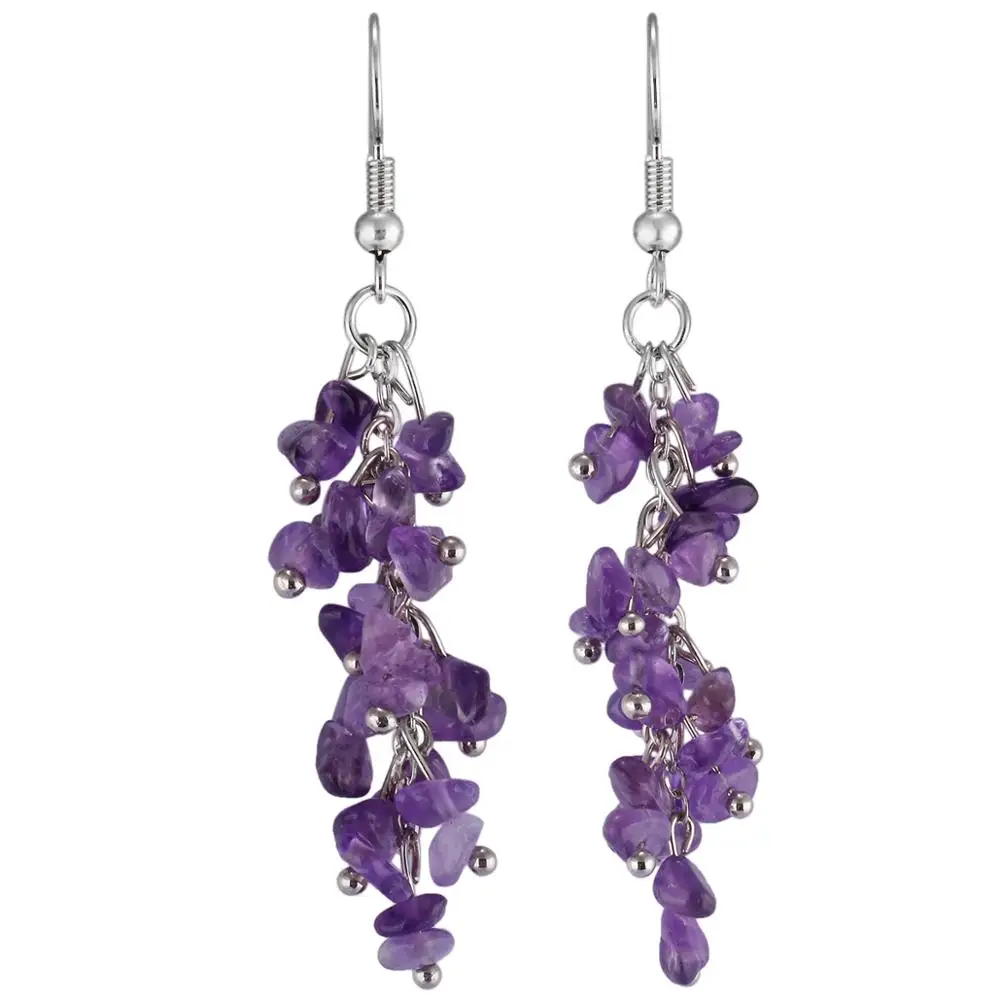 

TUMBEELLUWA Amethyst Tumbled Chip Stone Grape Bunches Jewelry Healing Reiki Crystal Gem Dangle Hook 18KGP Earrings For Women