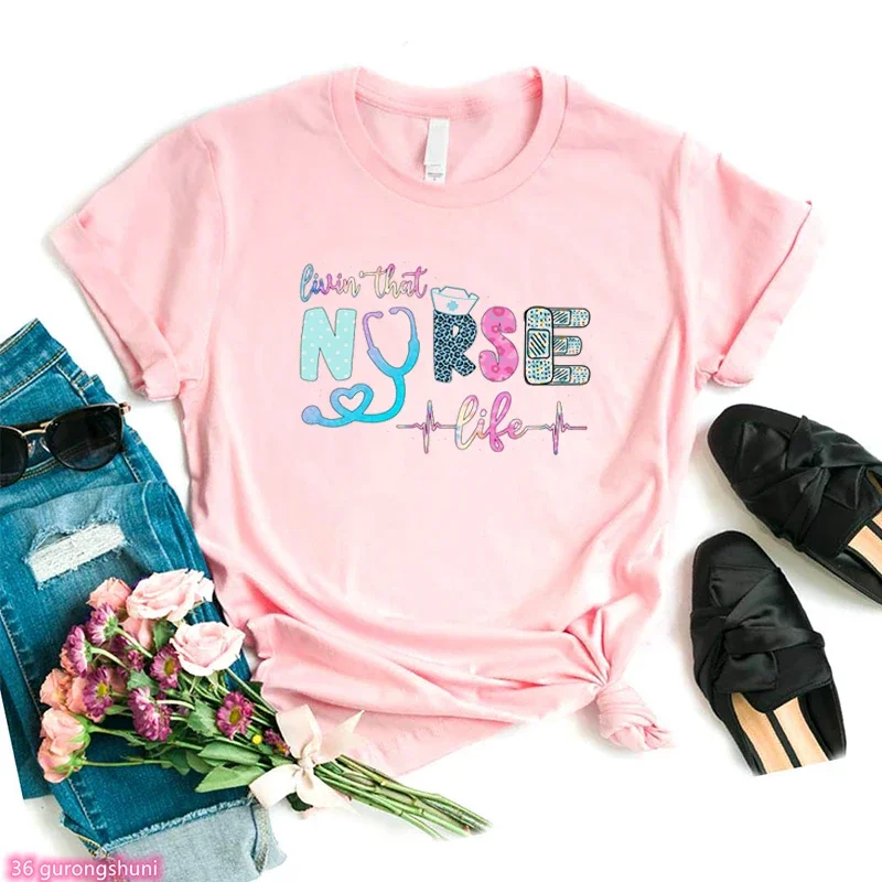 Zabawny lampart ekg pielęgniarka list drukuj koszulka damska uzdrawiająca miłość inspiruj Tshirt Femme Harajuku Kawaii ubrania letnie topy hurtowo