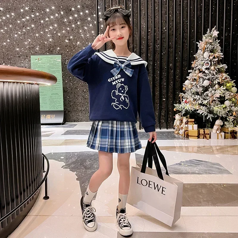 2pcs Sets 2025 spring winter children Girls Clothes Sailor bear T-shirt  Sweatshirt + JK Plaid short Skirt 8 10 12 Year Outfits