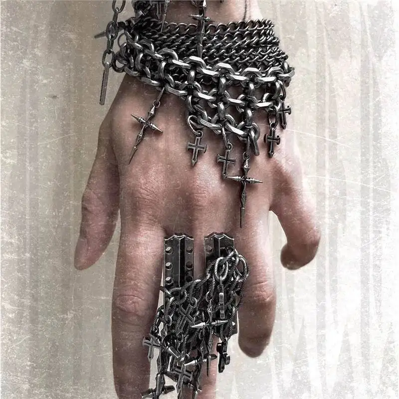 Metal Dark Cross Chain Irregular Splicing Bracelet Hand Jewelry Accessory Punk Hiphop Style Fashionable Personality Friend Gift