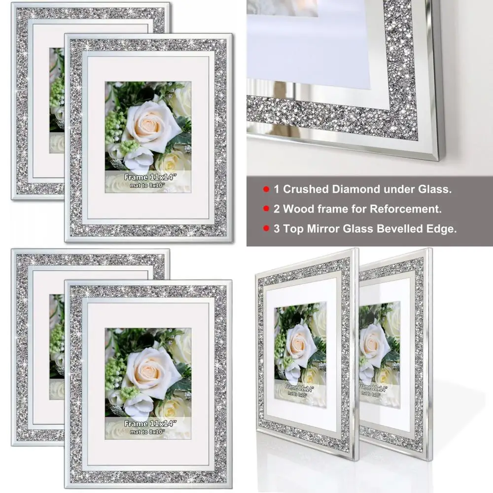 

Glittering Diamond-Accented 11x14 Inch Silver Glass Photo Frame, Set of 2, Holds 8x10 Inch Pictures with Mat, Elegant Wall Decor