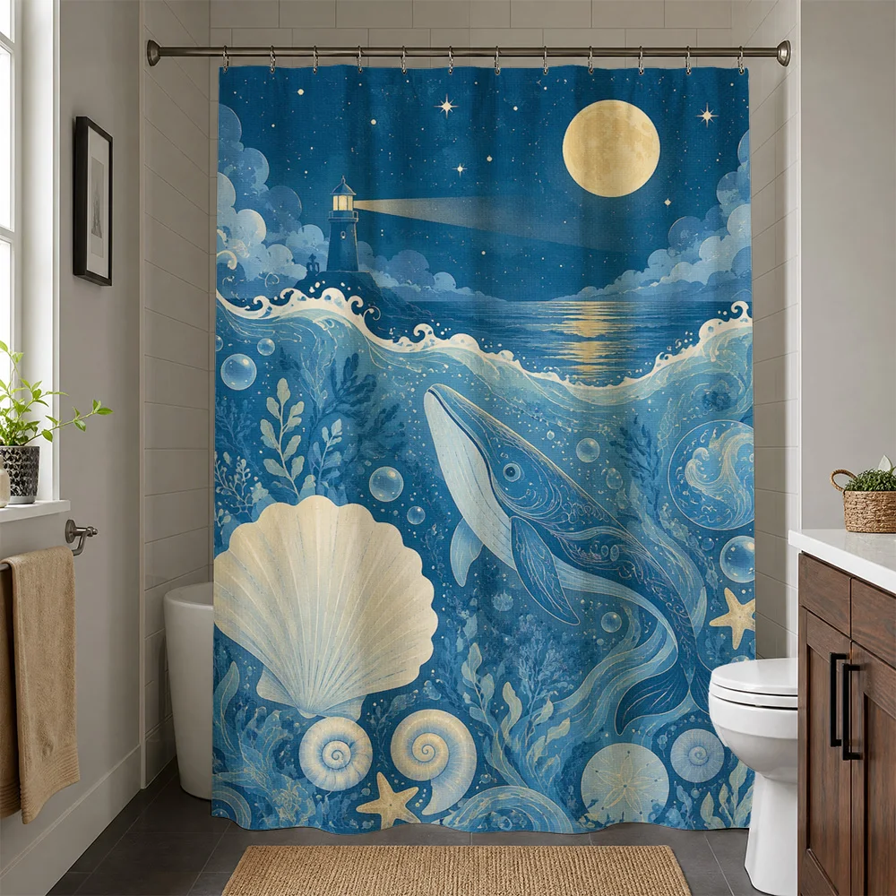 Nautical Ocean Moon Lighthouse Mermaid Under the Sea Blue Shower Curtain Bathroom Decor