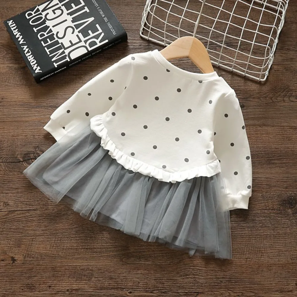 Bear Leader Korean Version Cute Girls Casual Dresses Splicing Mesh Children's Clothing Cartoon Love Printed Long Sleeved Dress