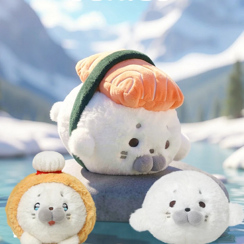 New Cute Seal Plush Toy Transforms into Salmon Sushi & Shrimp Tempura Plushies Kawaii White Seal Stuffed Animal for Shop Decor