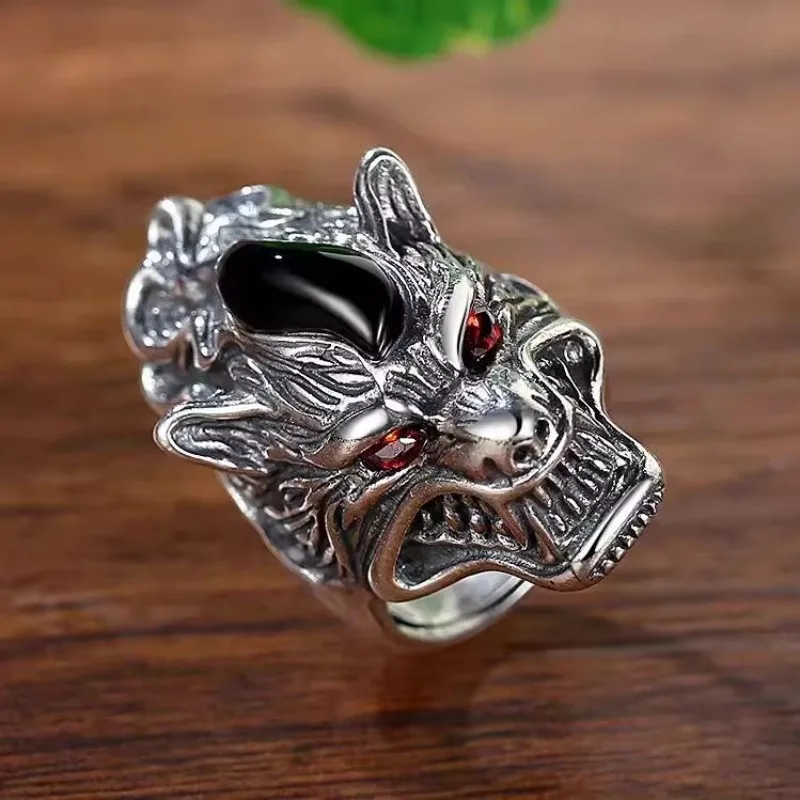 silver 925 stereoscopic carved handsomewolf head mens rings domineering trend rough retro black agate ring banquet jewelry gift view 3