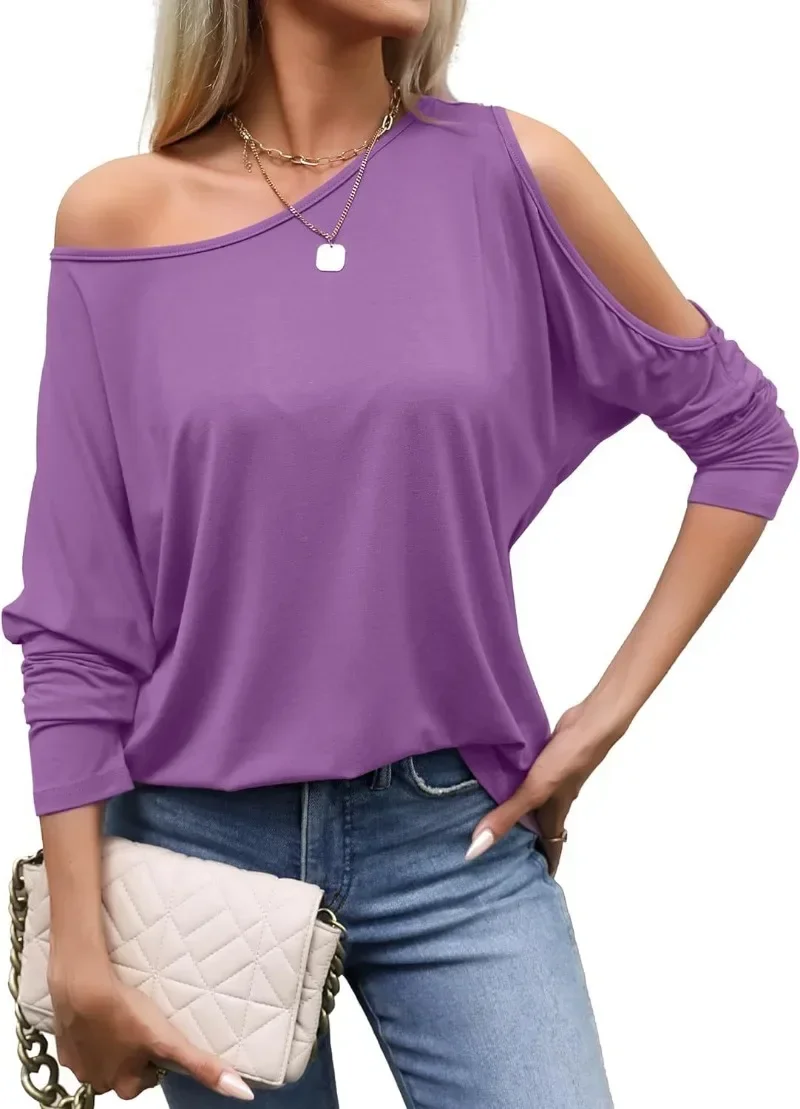 

New Strapless Loose Bat Shirt Women Solid Color Diagonal Collar One-shoulder Casual Long-sleeved T-shirt Autumn and Summer Tees