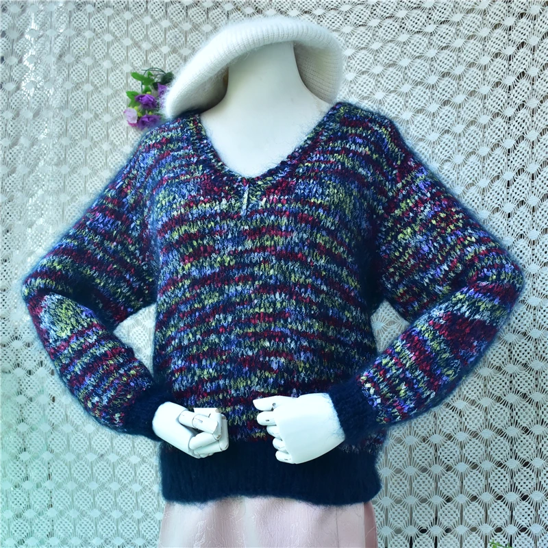 

Soft Fluffy Mohair Blend Knit Sweater Women V-Neck Multicolor Gradient Striped Loose Pullover Long Sleeve Fall Winter Jumper Top