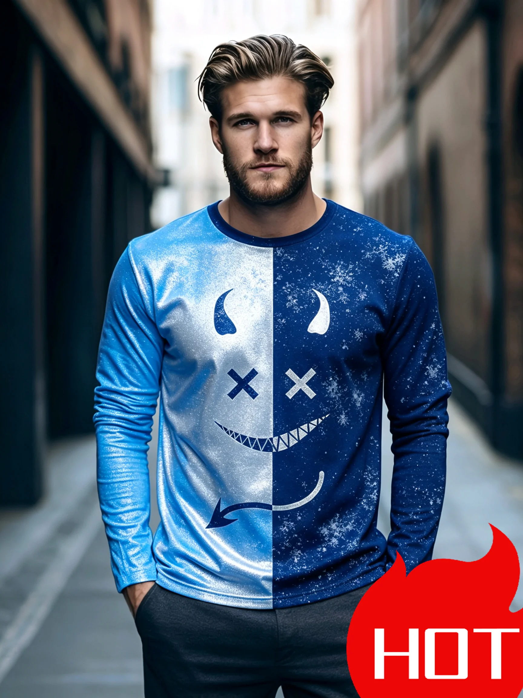 Men’s Evil Expression Printed Long Sleeve T-Shirt  Hip Hop Harajuku Graphic Tee Autumn Casual Crewneck Exercise Top