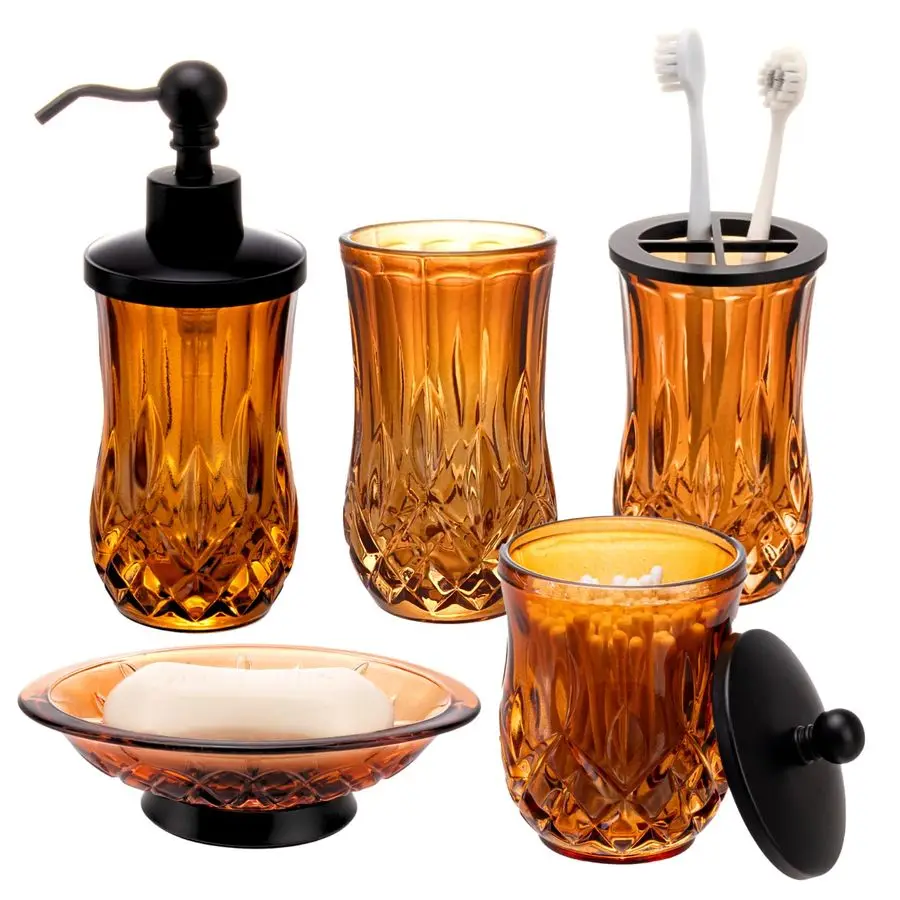 

Accessories Set,5 Pcs Amber Glass Bathroom Accessory Set, Complete Lotion Soap Dispenser, Toothbrush Holder, Soap Dish, Tumbler