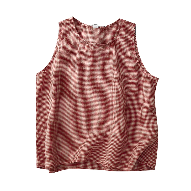 

Повседневная свободная футболка большого размера, женский льняной жилет, летний простой топ в клетку, круглый топ на бретелях