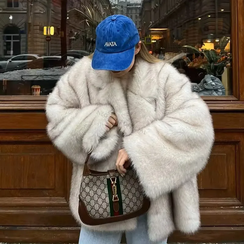 Women Winter Faux Fox Fur Coat Turn Down Collar Street Fashion Plush Jacket Chic Warm Overcoat Outerwear пальто женское