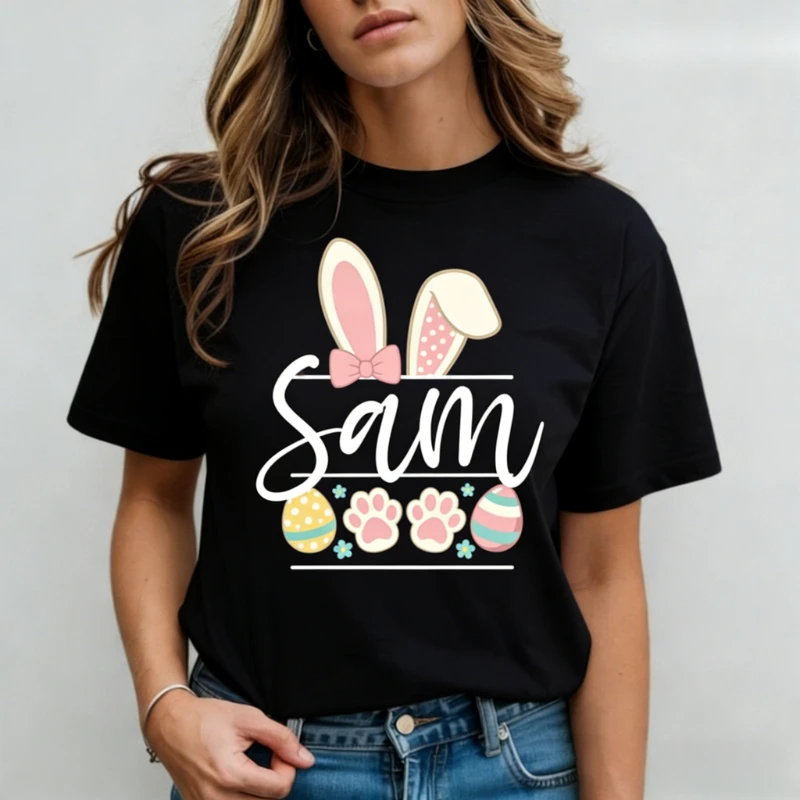 

Custom Easter Bunny Name T Shirt Personalized Custom Text Gift Cute Bunny Graphic Tee Trendy Casual Tops Shirt For Women