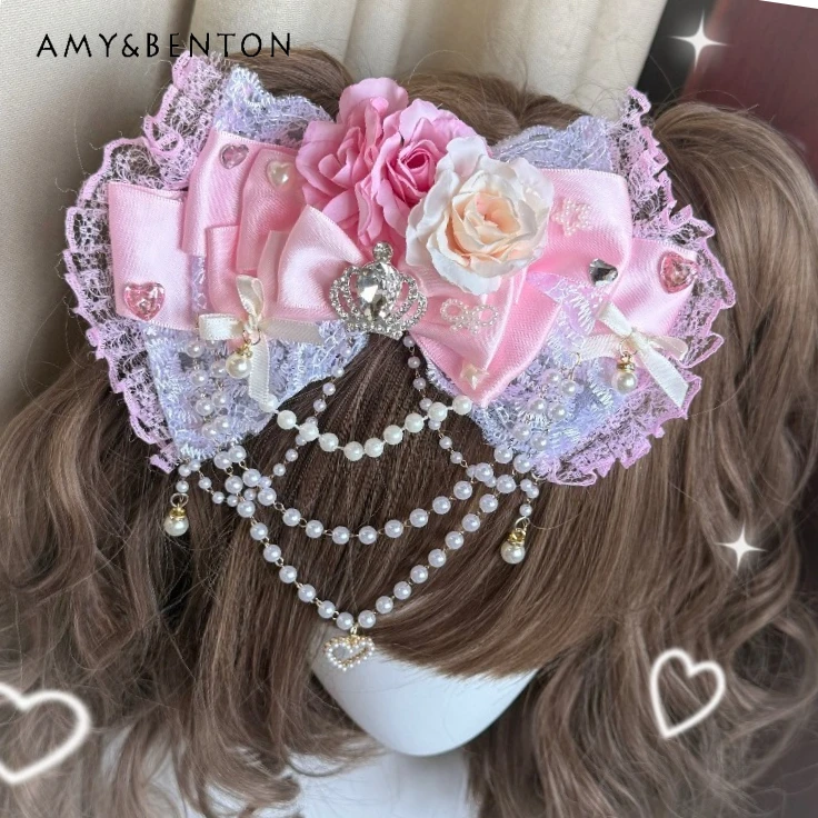 

Gal Series Spice Girl Lace Bow Hairpin Lolita Style Gorgeous High End Three-dimensional Flower Pearl Chain Girl Hair Accessories