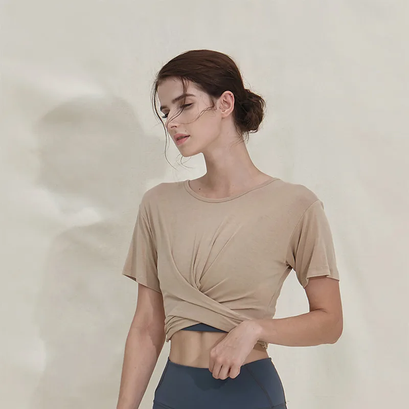 

Soft Sexy Yoga Exercise Short Sleeve Shirts Women Gym Fitness Round Collar Slim Breathable Crop Top Lace-up T-shirts On The Back