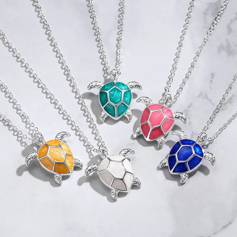 

silver 925 Colored Enamel Blue Pink sea turtle Necklace Pendant Unique splicing design Creative Chain Banquet Jewelry Gift