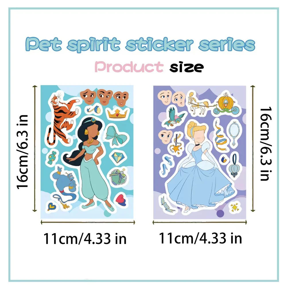 8Sheets/Set Disney Cartoon Princess Puzzle Stickers For Scrapbook Guitar Luggage Stickers Parent-Child Interactive Toys Stickers
