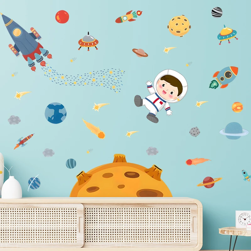 Rocket Starship Planet Astronaut Wall Stickers For Kids Bedroom Home Decor Cartoon Mural Art Pvc Decal Space Poster