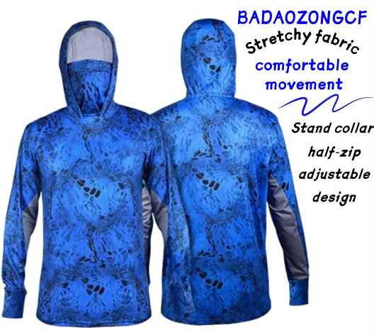 Men's Hooded Fishing Shirt Long Sleeve Quick Dry Breathable UPF 50+ Sun Protection Outdoor Clothing with Mask Design