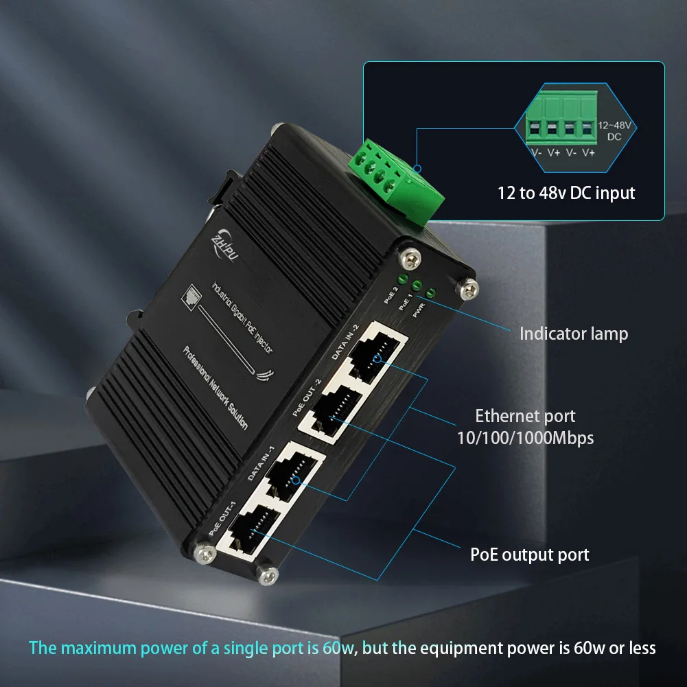 Industrial 2 Ports PoE Injector, Hardened Gigabit 30W PoE+ Injector IEEE802.3 at POE Adapter POE Midspan Max 60W