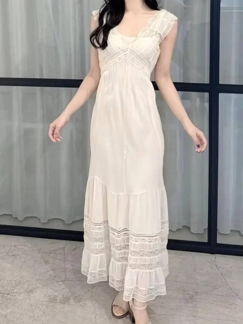 Japan Hoge Taille Jurk Terug Bandage Vestidos Mujer Vrouwen 2025 Jurken Elegante Mode Kant Vestido V-hals Mouwloze Gewaden