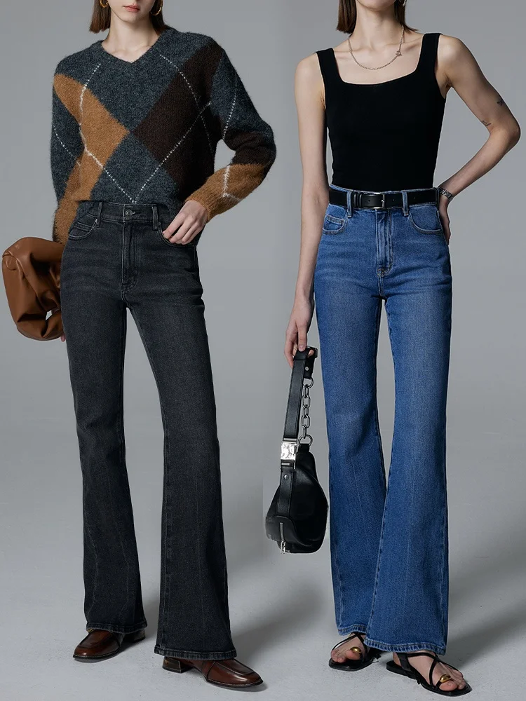 

Джинсы-колокольчики с высокой талией, женские повседневные эластичные хлопковые джинсы со средней посадкой на молнии, глубокий цвет NH028, весна-осень