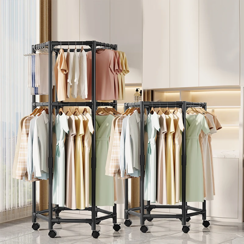 

Customizable Large Capacity Metal Cloth Rack Double Movable Hexagonal Clothes Drying Rack Wheeled Coat Organizer for Balcony