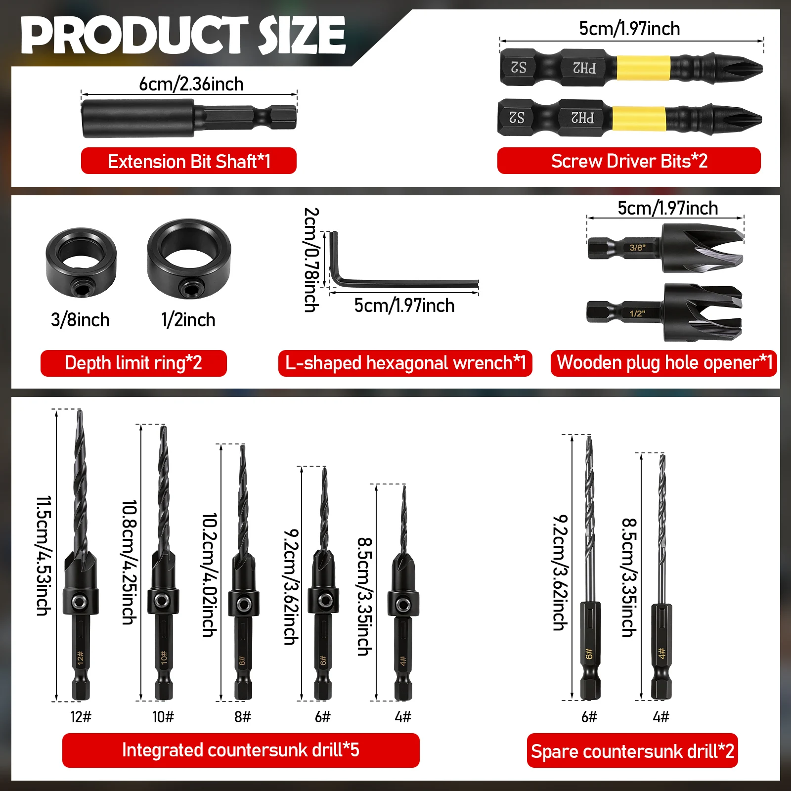 Tapered Countersink Drill Bit Set S2 Steel Wood Plug Cutter Adjustable Stop Collar Hex Shank For Impact Driver Woodworking Drill